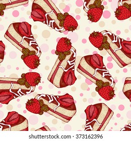 Seamless pattern with pieces of cake with strawberries. Vector illustration