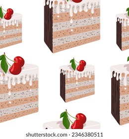 Seamless pattern with pieces of cakes with cherry. Hand drawn vector illustration.