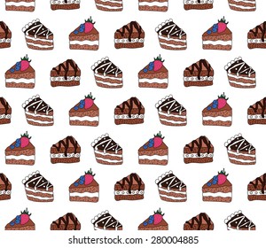 Seamless pattern with pieces of cakes, colorful fun doodle design. Vector texture
