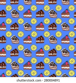 Seamless pattern with pieces of cakes and with lemon, colorful fun doodle design