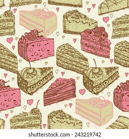 Seamless pattern with pieces of cakes, pies in doodle vintage style. Hand drawn vector illustration.