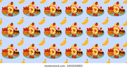 Seamless pattern with pieces of cakes, cakes, pies in vector cartoon style. Hand drawn vector illustration.