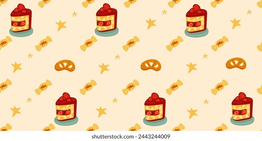 Seamless pattern with pieces of cakes, cakes, pies in vector cartoon style. Hand drawn vector illustration.