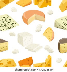 Seamless pattern pieces of cheese Popular kind of cheese icons isolated flat style fresh milk products vector illustration on white background web site page and mobile app design.