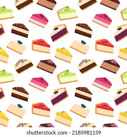 Seamless pattern with pieces of cheesecakes. Bright background with slices of pies, vector illustration