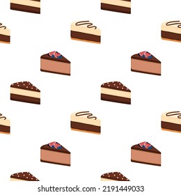 Seamless pattern with pieces of cheesecakes with chocolate. Bright background with slices of pies, vector illustration