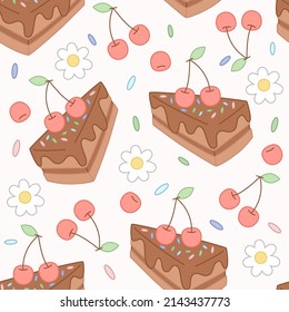 Seamless pattern of pieces of chocolate cake with cherry. 