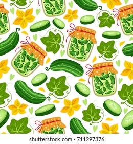 Seamless pattern with pieces of cucumber and jars with pickled cucumbers.