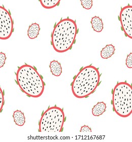 Seamless pattern with pieces of dragon fruit. Vector illustration.