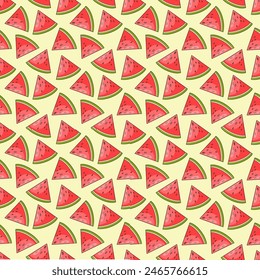  seamless pattern with pieces of juicy bright watermelon on a yellow background