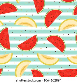 Seamless pattern of pieces of melon and watermelon with seeds on a striped background. Design for textiles, menus, posters, labels, packaging paper. Vector illustration.