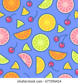 Seamless pattern. Pieces of oranges, limes, lemons and cherries on a blue background.