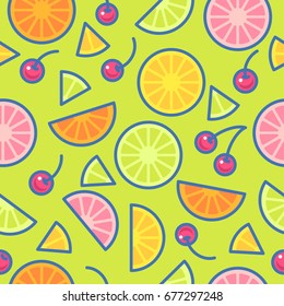 Seamless pattern. Pieces of oranges, limes, lemons and cherries on a green background.