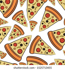 Seamless pattern. Pieces of pizza on a white background. Hand drawn vector flat graphic illustration. Texture.