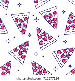 Seamless pattern with pieces of pizza pepperoni. Thin line flat design. Fast food background.
