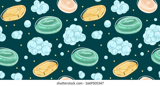 Seamless pattern pieces of solid soap and soap foam. Color illustration on a dark green background.