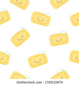 Seamless pattern pieces of solid yellow soap cute happy sleeping character. Color illustration on a white background.