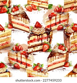 Seamless pattern from pieces of strawberry cakes. Vector stock illustration eps10.
