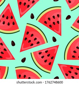 Seamless pattern with pieces of watermelon on blue  background. Endless print. Vector illustration.
