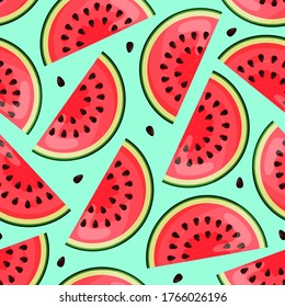 Seamless pattern with pieces of watermelon on blue  background. Endless print. Vector illustration.