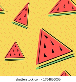seamless pattern from pieces of watermelon on yellow background