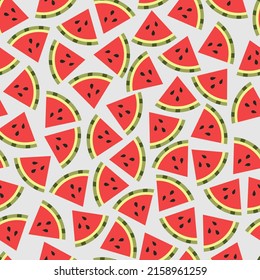 Seamless pattern with pieces of watermelon on a light background. Fruity summer pattern. Vector illustration