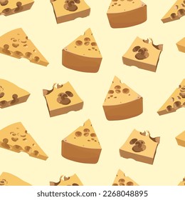 Seamless pattern from pieces of yellow-colored holey cheese. Drawn background. Vector illustration, EPS 10. Concept for the design of printing and textiles.