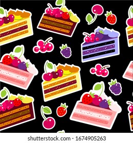 Nahtloses Muster mit Kuchenkuchen mit Beeren auf schwarzem Hintergrund.Vektorillustration im Flachstil. Nahtlose Muster für die Küche, für den Druck auf Textilien, Telefongehäuse mit Kuchenkuchen.
