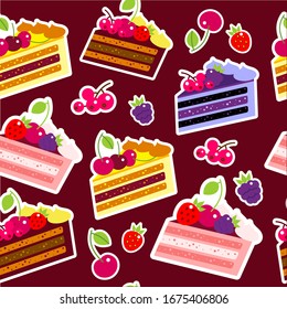 Seamless pattern with pies of cake with berries on a brown background. Vector illustration in flat style. Seamless pattern for kitchen, for printing on textiles, phone case with pies of cake.