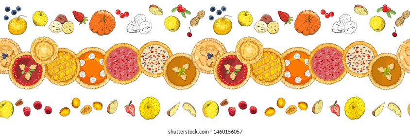 Seamless pattern with pies, fruits, nuts,  berries isolated on white. The theme of Pie Day. For restaurant and cafe designs. For your festive design, fabrics, wallpapers, greeting cards, wrappings.