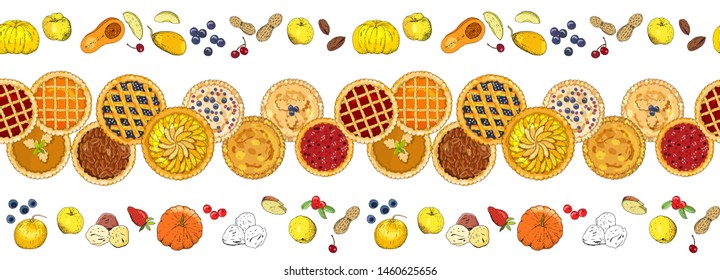 Seamless pattern with pies, fruits, nuts,  berries isolated on white. The theme of Pie Day. For restaurant and cafe designs. For your festive design, fabrics, wallpapers, greeting cards, wrappings.