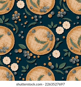 Seamless pattern with pies. ornament with endless berry pie design. suitable for kitchen textiles, kitchen towels and tablecloths. Dark blue background. The topic of cooking.