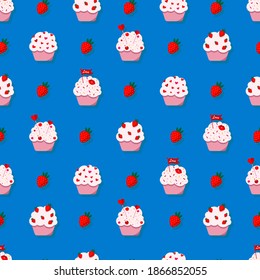 Seamless pattern with pies and strawberries on a blue background. Sweet cakes with hearts and strawberries for Valentine's Day. Pattern for wrapping paper, background, banners, postcards, web pages