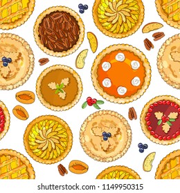 Seamless pattern with pies. The theme of autumn, harvest and thanksgiving.