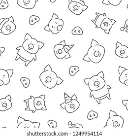 Seamless pattern with pig. Black and white thin line icons