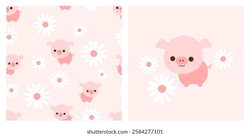 Seamless pattern with pig cartoons and daisy flower on pink background vector. 