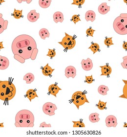 Seamless pattern of pig and cat heads. Vector illustration in cartoon style.