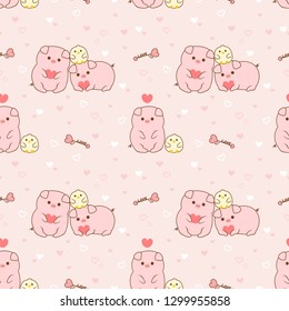 Seamless pattern pig and chick on pink background