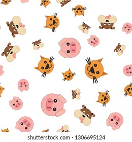 Seamless pattern of pig and dog cat heads. Vector illustration in cartoon style.