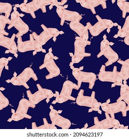 Nahtloses Schweinemuster. Haustiere auf buntem Hintergrund. Vektorgrafik für Stoffdrucke, Stoffe, Banner, Hintergründe und Wallpaper.