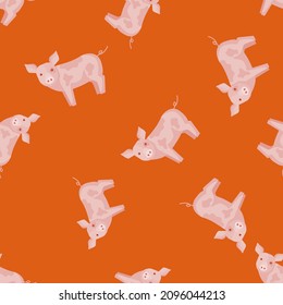 Nahtloses Schweinemuster. Haustiere auf buntem Hintergrund. Vektorgrafik für Stoffdrucke, Stoffe, Banner, Hintergründe und Wallpaper.