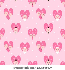 Seamless pattern pig family in heart background