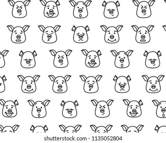 Seamless pattern. Pig head with different emotions, meme, icon. Single, vector images. Black outline. Symbol of new year 2019