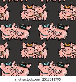 Seamless pattern pig, oink, hat, kerchief, bow, vector flat pattern for fabric, packaging, stationery.