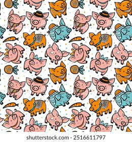 Seamless pattern pig, oink, hat, kerchief, bow, vector flat pattern for fabric, packaging, stationery.