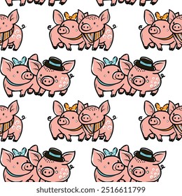 Seamless pattern pig, oink, hat, kerchief, bow, vector flat pattern for fabric, packaging, stationery.