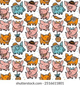 Seamless pattern pig, oink, hat, kerchief, bow, vector flat pattern for fabric, packaging, stationery.