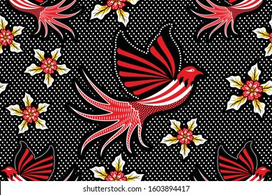 Seamless pattern with pigeon and floral vector Illustration, Indonesian batik motif