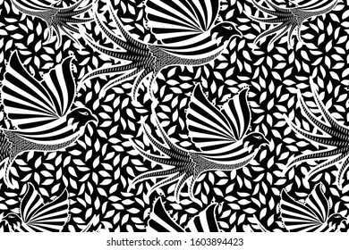 Seamless pattern with pigeon and floral vector Illustration, Indonesian batik motif