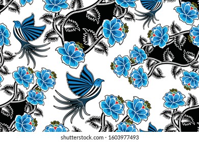 Seamless pattern with pigeon and floral vector Illustration, Indonesian batik motif